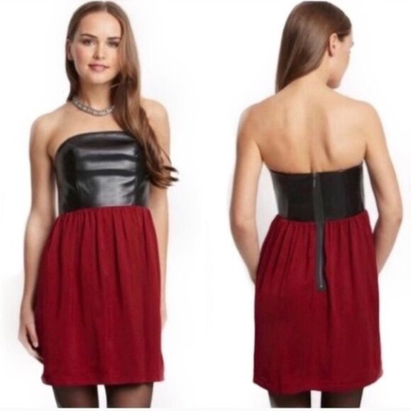 Kensie Size 10 Faux Leather Strapless Black Red Flowy Skirt Glam Goth Edgy Dress - Picture 1 of 13